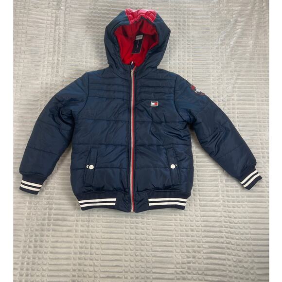 NWT Boys Tommy Hilfiger Navy Hooded Puffer Jacket Fleece Lined  Size 10 / 12 M - Picture 1 of 9
